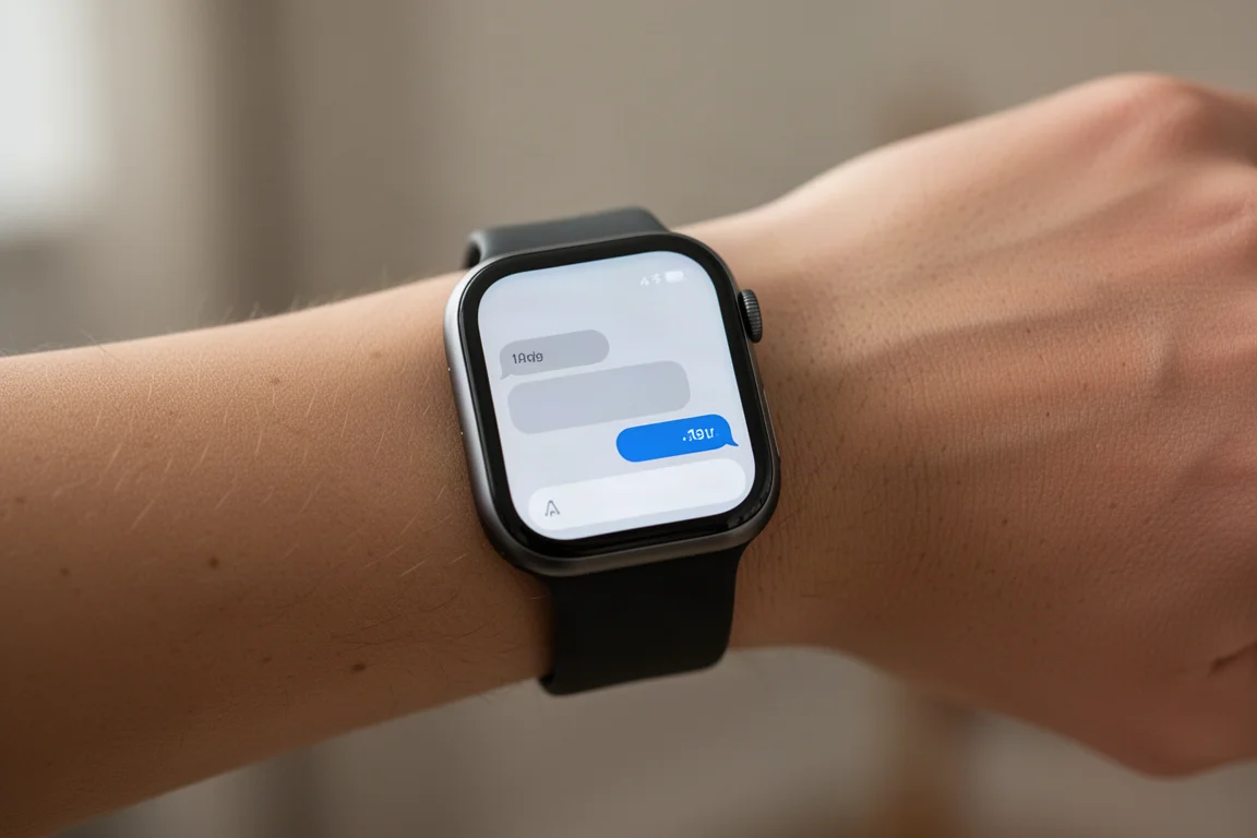 Smartwatch am Handgelenk zeigt in einem abgedunkelten Raum eine eingehende SMS-Konversation