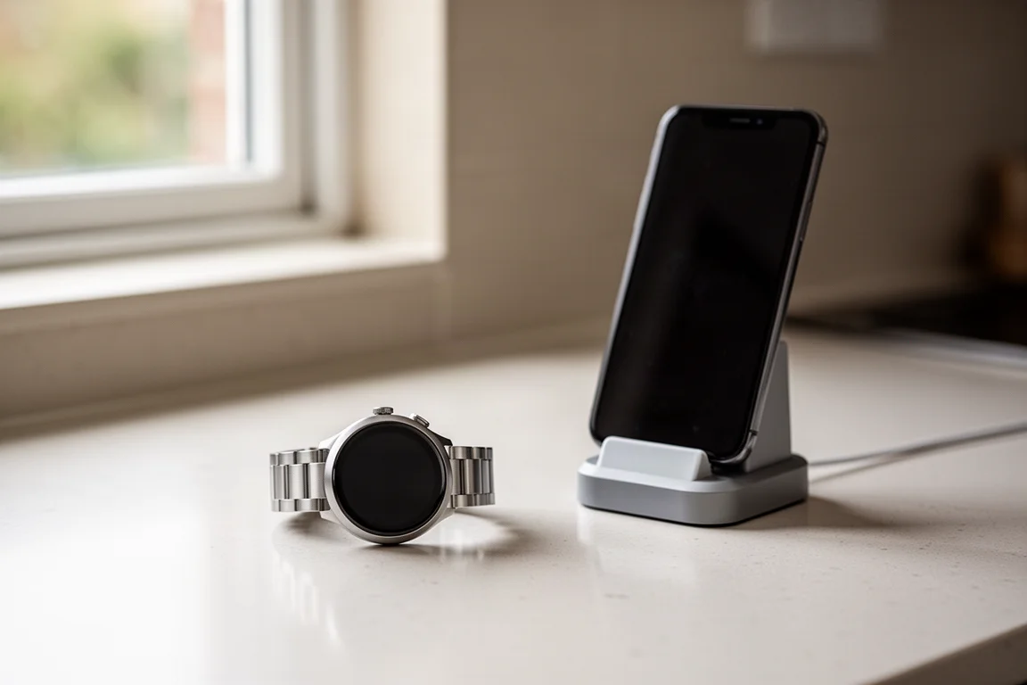 Smartwatch liegt auf einer Küchenanrichte neben einem Smartphone, das am Ladegerät steckt