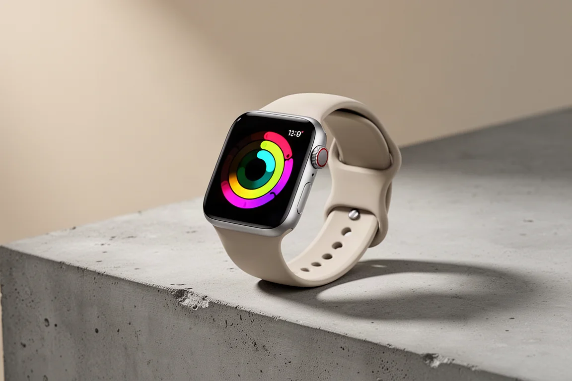 Apple Watch SE smartwatch with aluminum case and sport band on a concrete surface