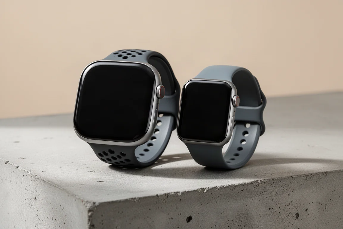 Two smartwatches with sport bands side by side on a concrete surface