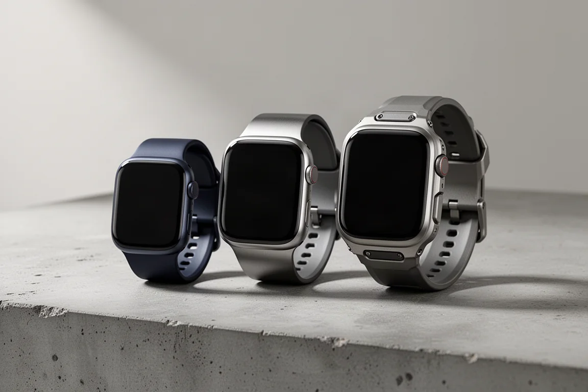 Three smartwatches of different sizes lined up on a concrete surface