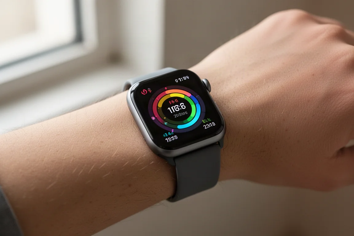 Smartwatch no pulso exibindo uma interface colorida de monitoramento de atividades