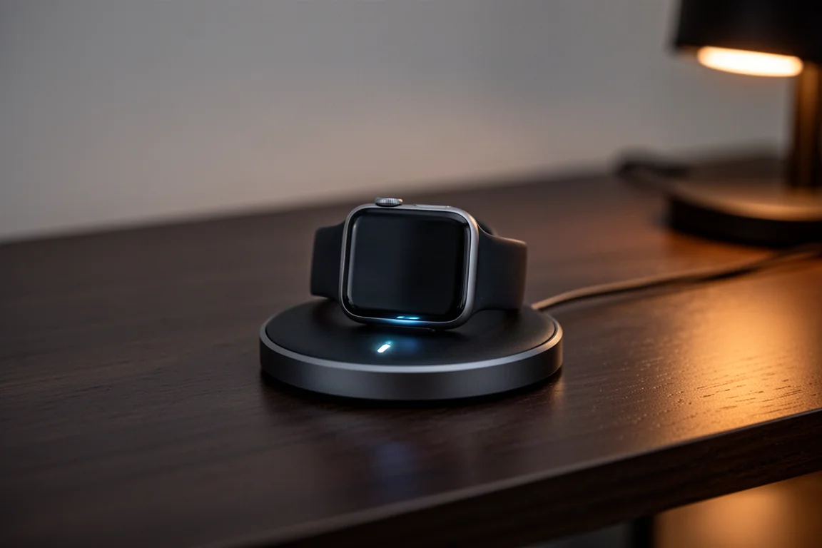 Smartwatch no carregador com um brilho suave de carregamento em ambiente com pouca luz