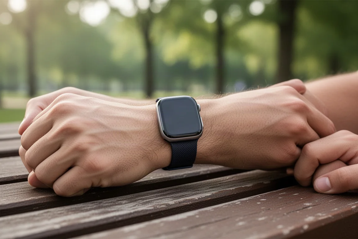 Smartwatch sottile con ampio display curvo sul polso di un runner nella luce morbida del giorno