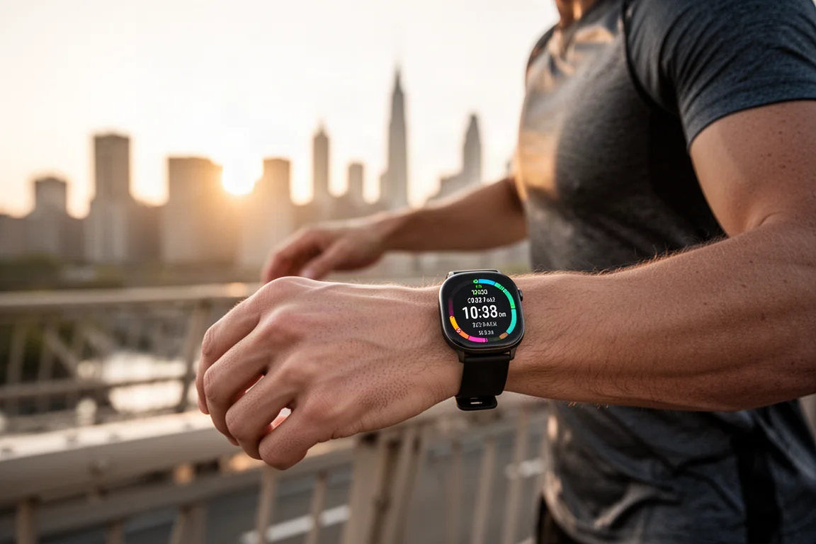 Runner controlla ritmo cardiaco e frequenza cardiaca su un display luminoso durante la corsa