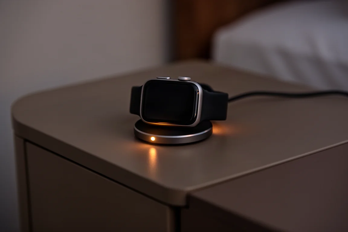 Smartwatch in ricarica su un pad magnetico che brilla morbido nella luce fioca della sera