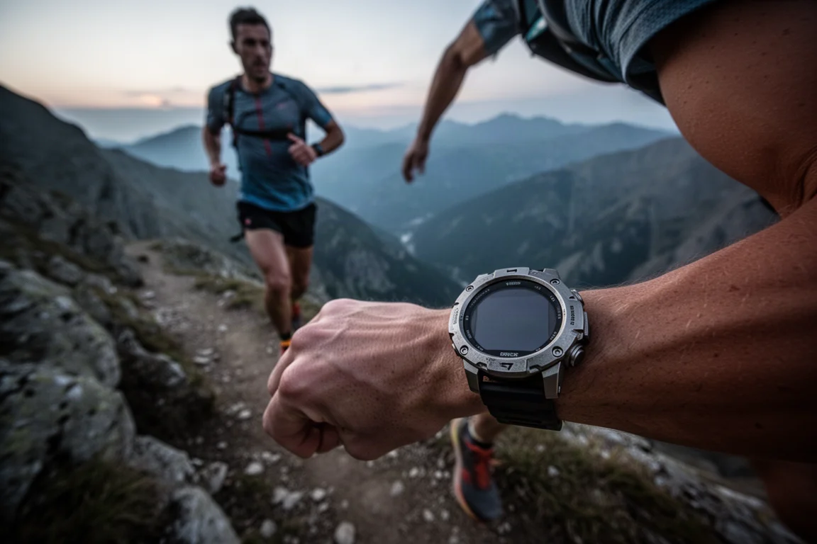Trail runner che indossa un robusto smartwatch avventuriero in titanio su una cresta montuosa
