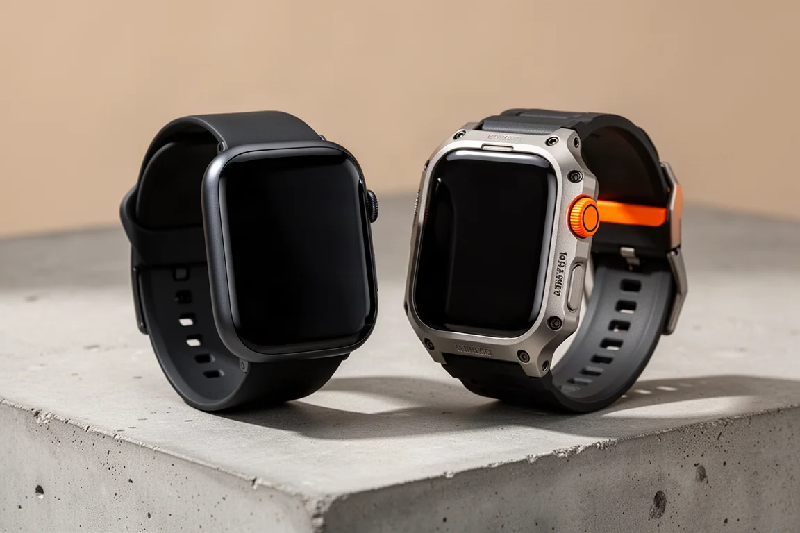 Slim black smartwatch next to a rugged titanium smartwatch on a concrete surface