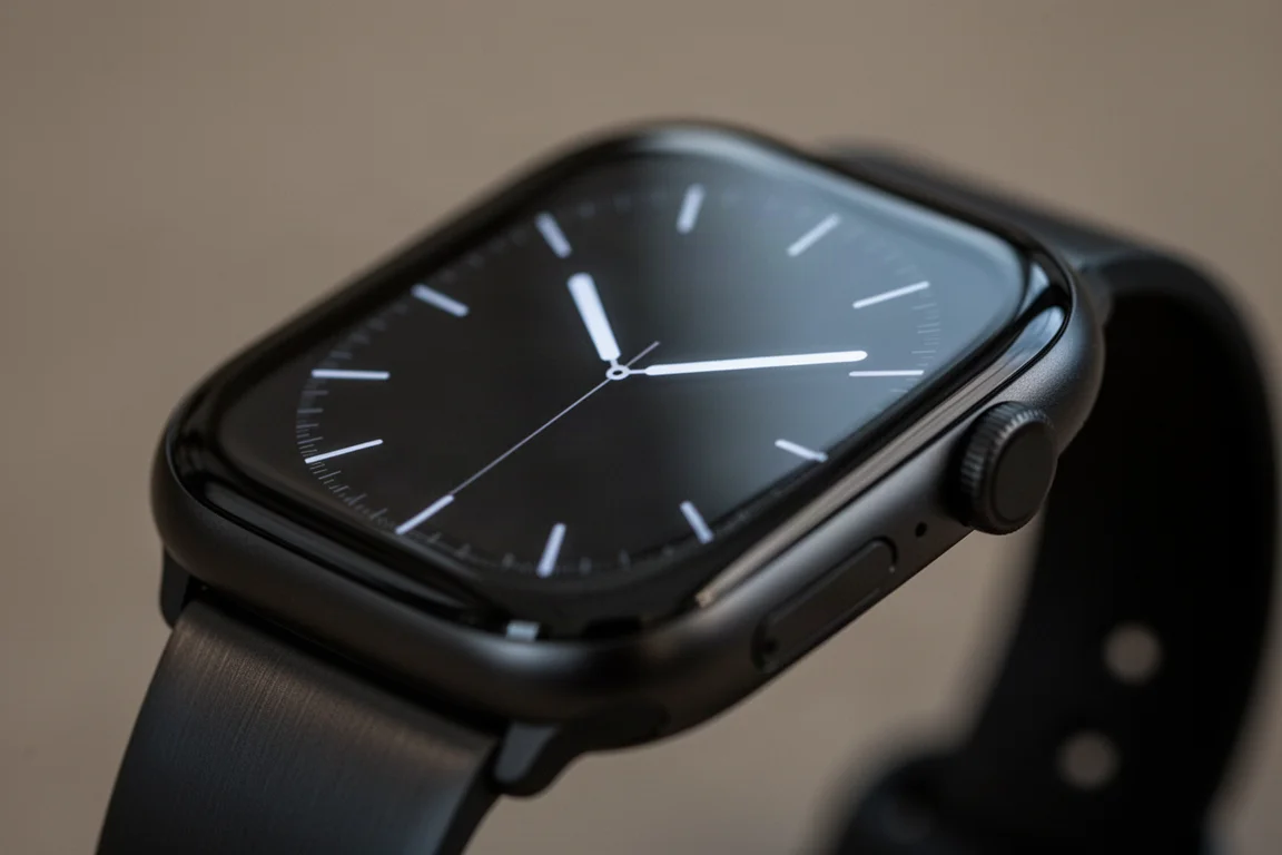 Nahaufnahme eines schlanken Smartwatch-Displays mit leuchtendem Zifferblatt auf dunkler Oberfläche