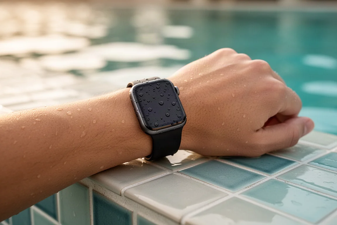 Smartwatch am Handgelenk neben einem Schwimmbecken mit türkisfarbenem Wasser