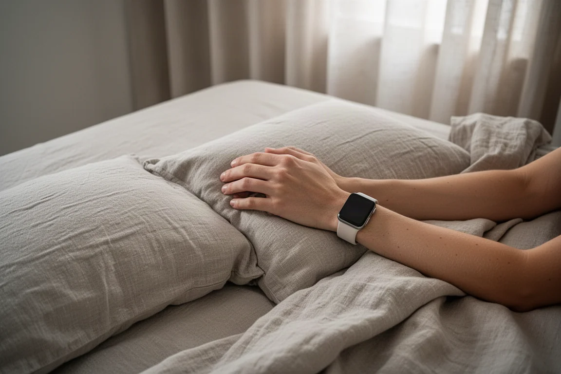 Schlafende Person mit Smartwatch am Handgelenk in sanft beleuchtetem Schlafzimmer