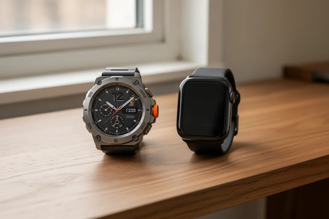 Robuste Titan-Smartwatch neben einer Jet-Black-Aluminium-Smartwatch auf einem Holzschreibtisch