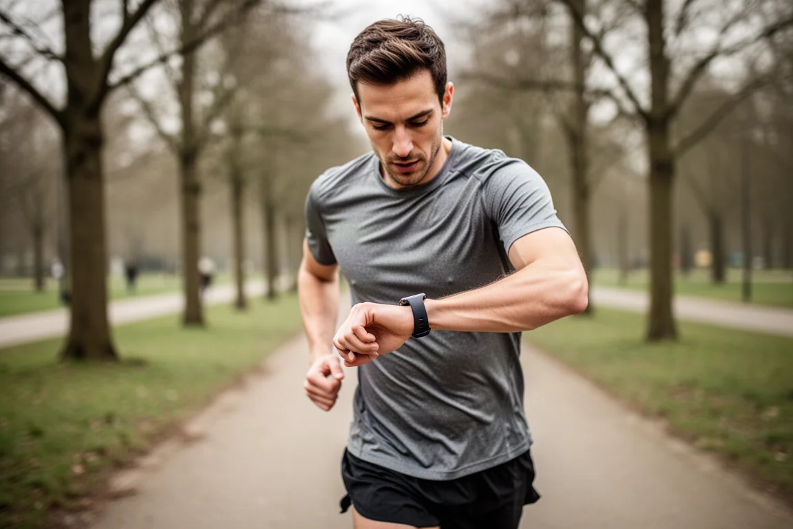 Coureur vérifiant son allure sur une montre connectée en pleine course sur un chemin bordé d'arbres