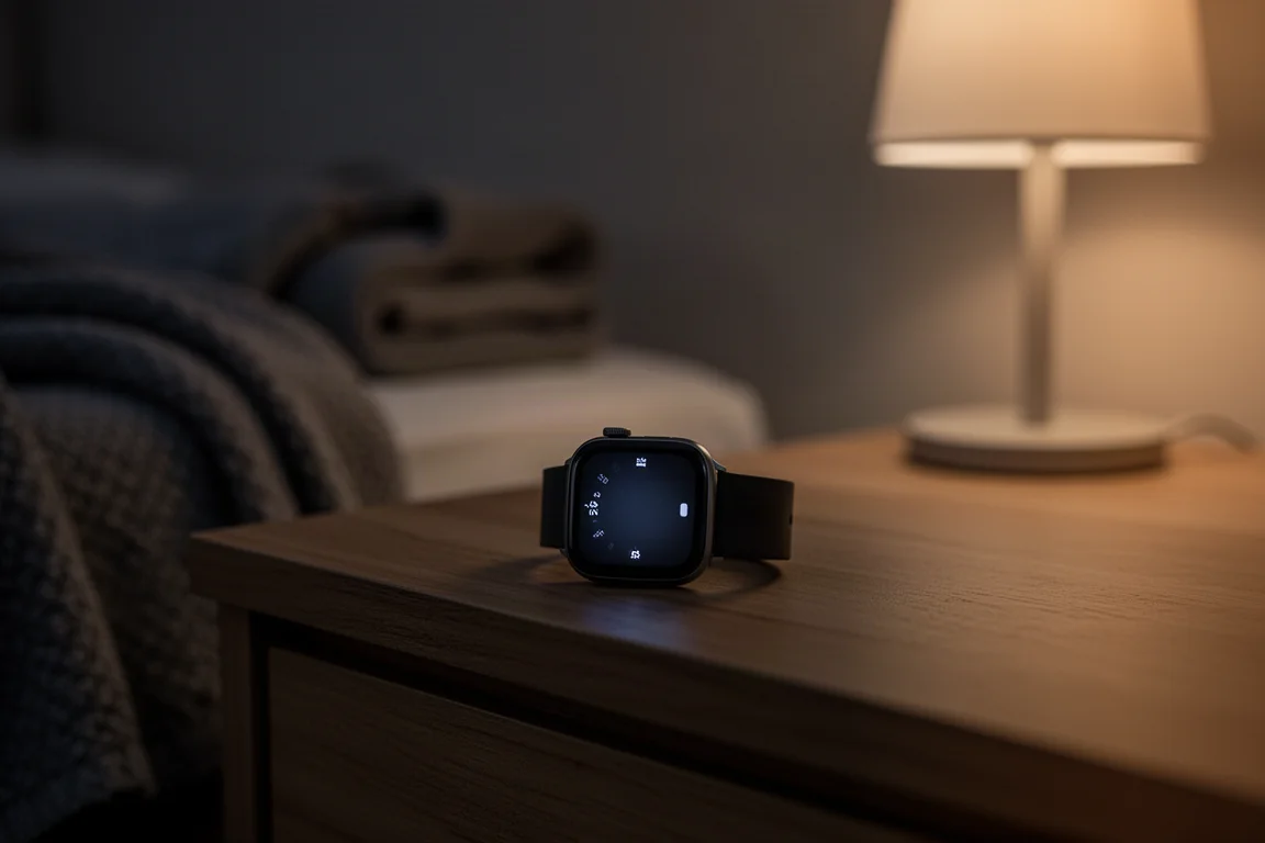 Montre connectée sur une table de chevet affichant des données de suivi du sommeil la nuit