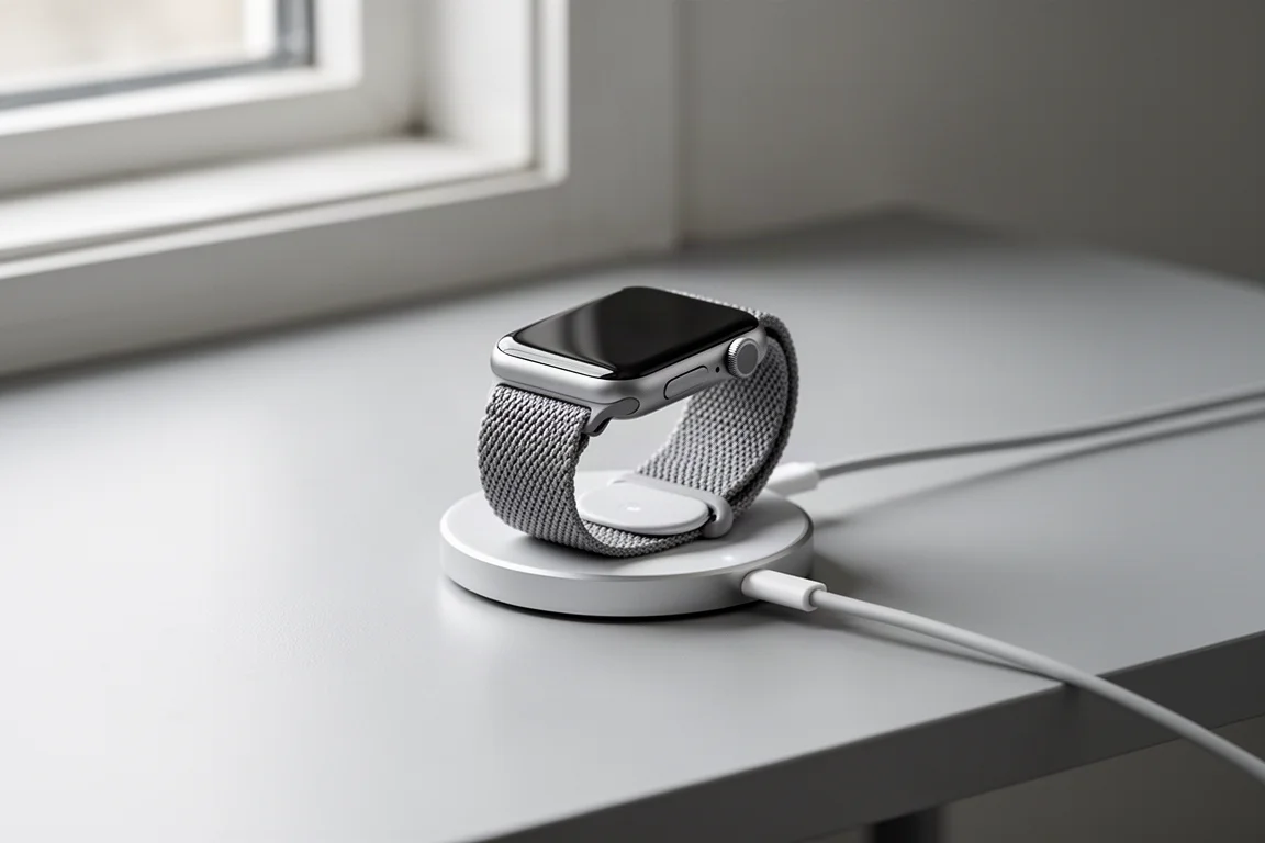 Montre connectée en charge sur un chargeur magnétique avec câble posé sur un bureau propre