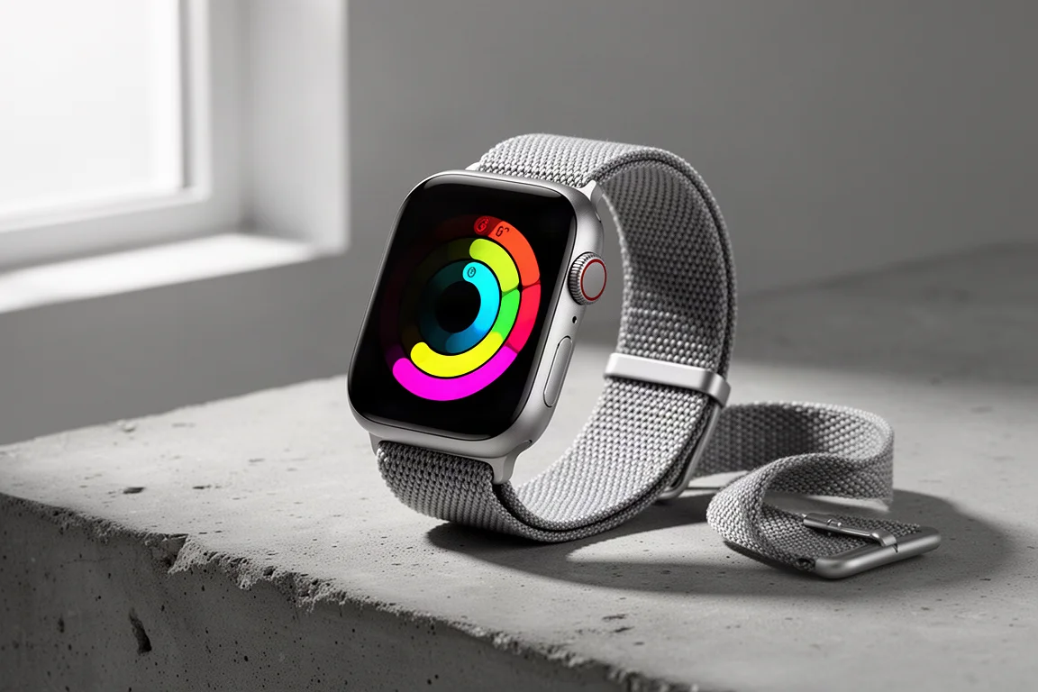 Slim modern smartwatch with woven strap on matte concrete surface
