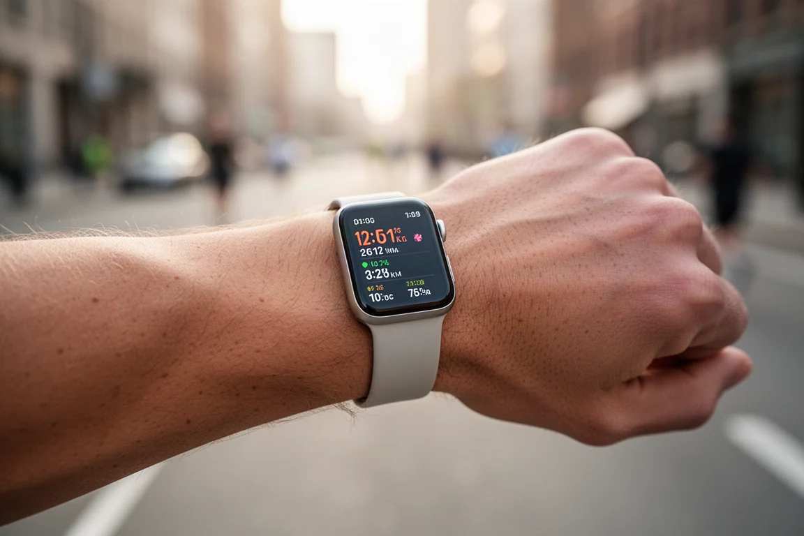 Corredor consultando un smartwatch fino en la muñeca con suave luz matinal