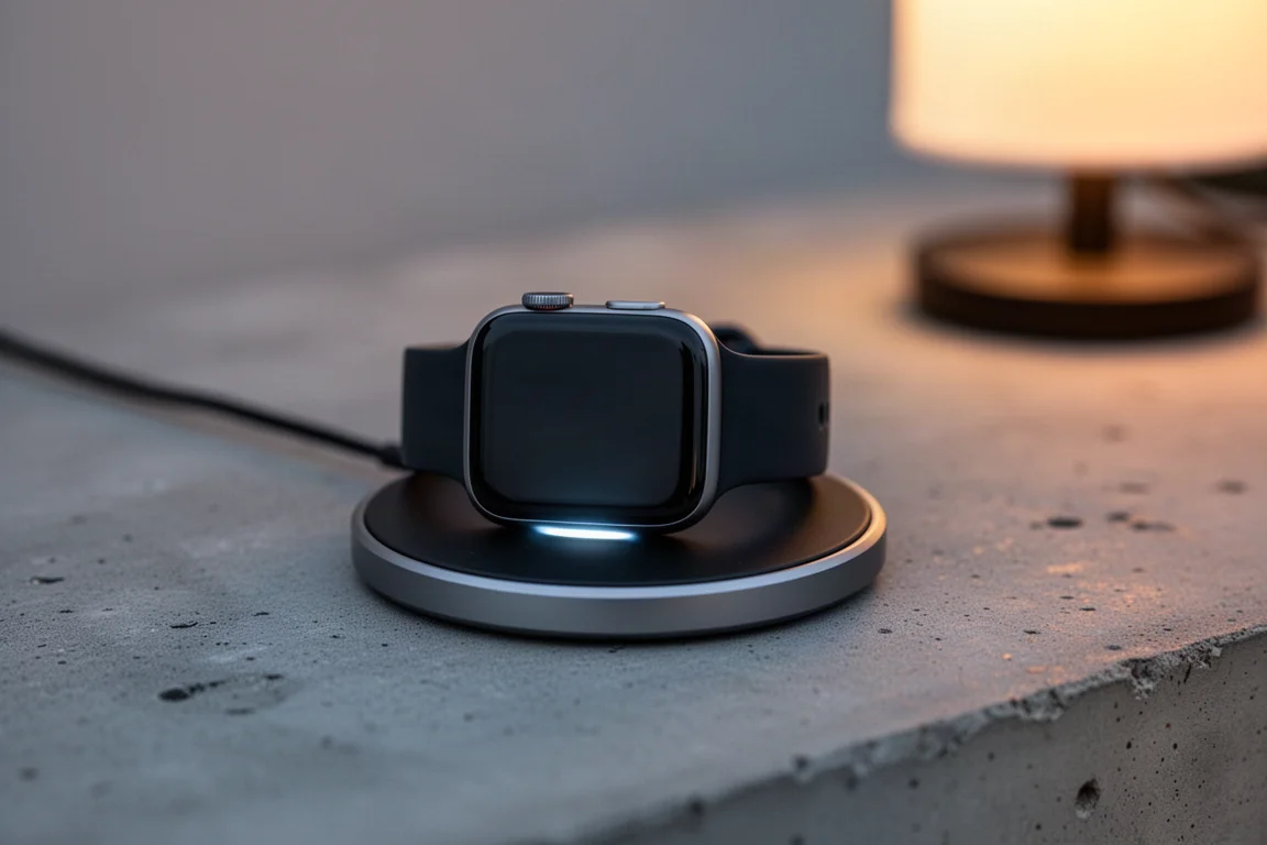 Smartwatch sobre una base de carga que brilla suavemente al atardecer