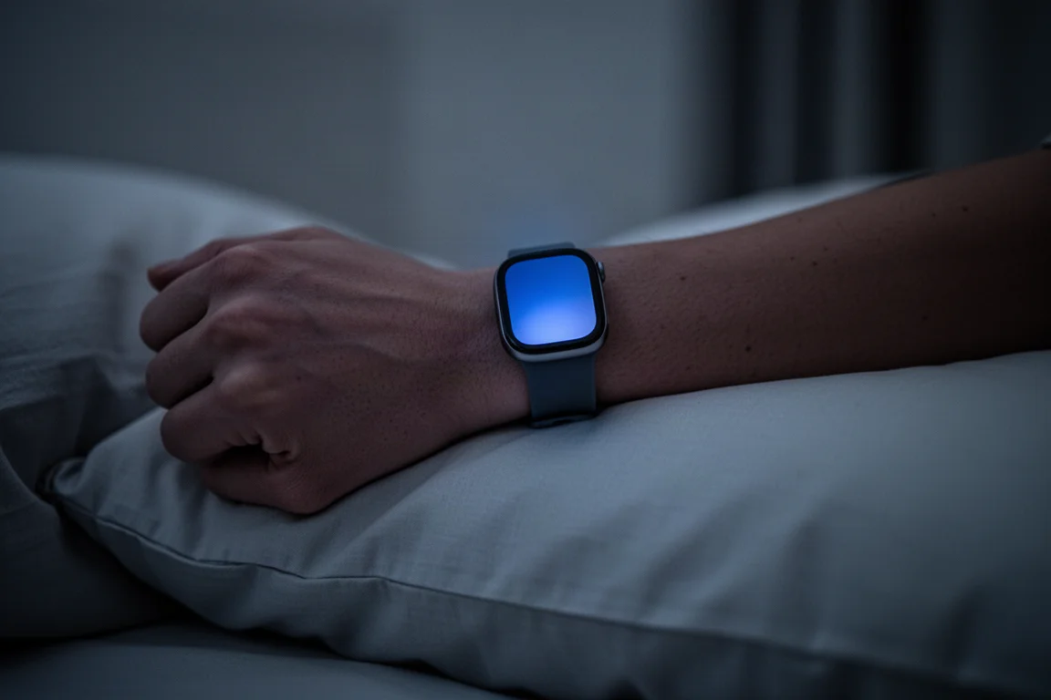 Muñeca con smartwatch durante el seguimiento del sueño por la noche