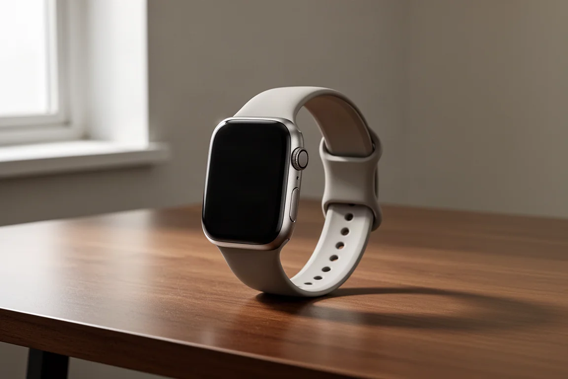 Slim smartwatch in natural titanium finish on a wooden desk