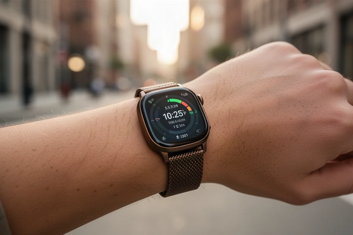 Smartwatch on a wrist showing a fitness tracking interface during a morning workout