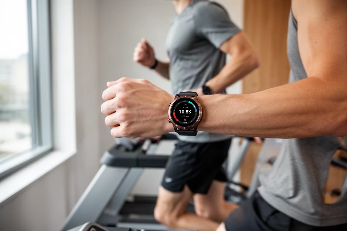 Runner on a treadmill in a gym with a smartwatch on the wrist