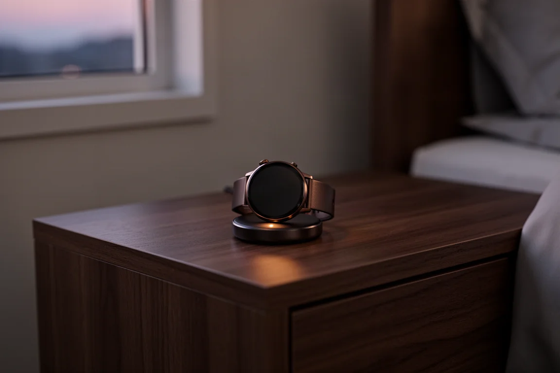 Smartwatch resting on a charging puck on a wooden bedside table at dusk