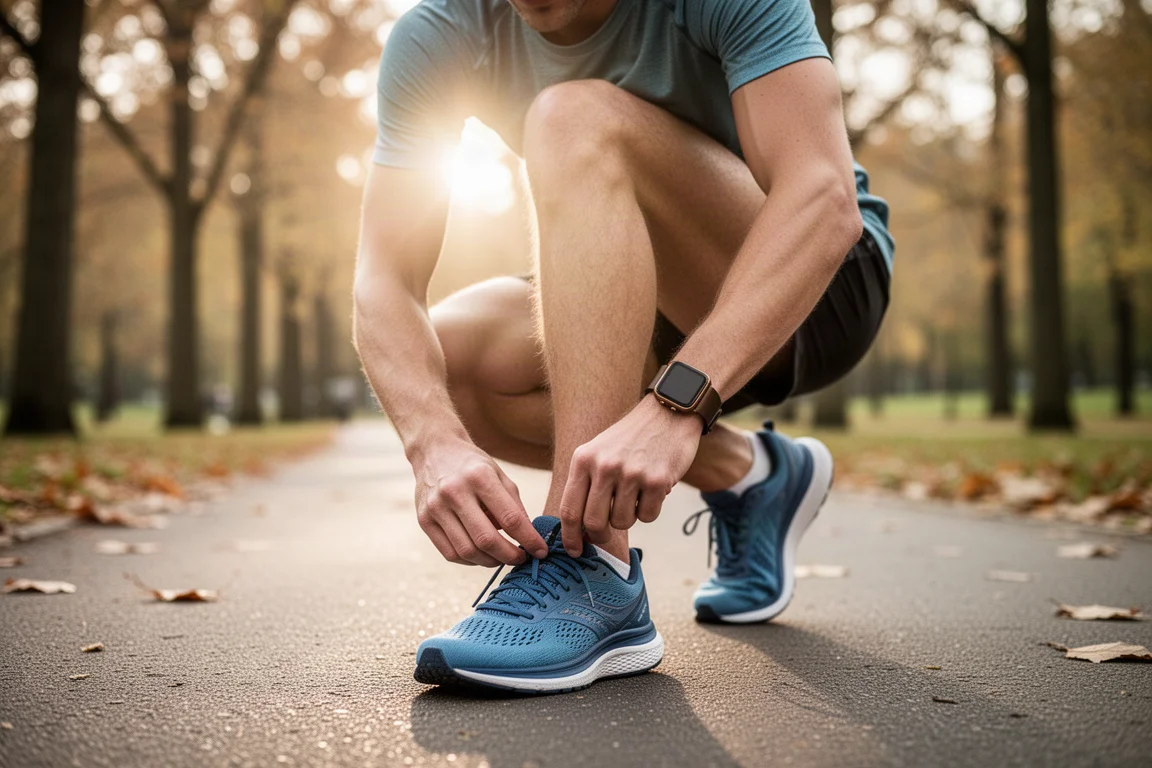 Runner tying a shoe on a park path with a smartwatch visible on the wrist