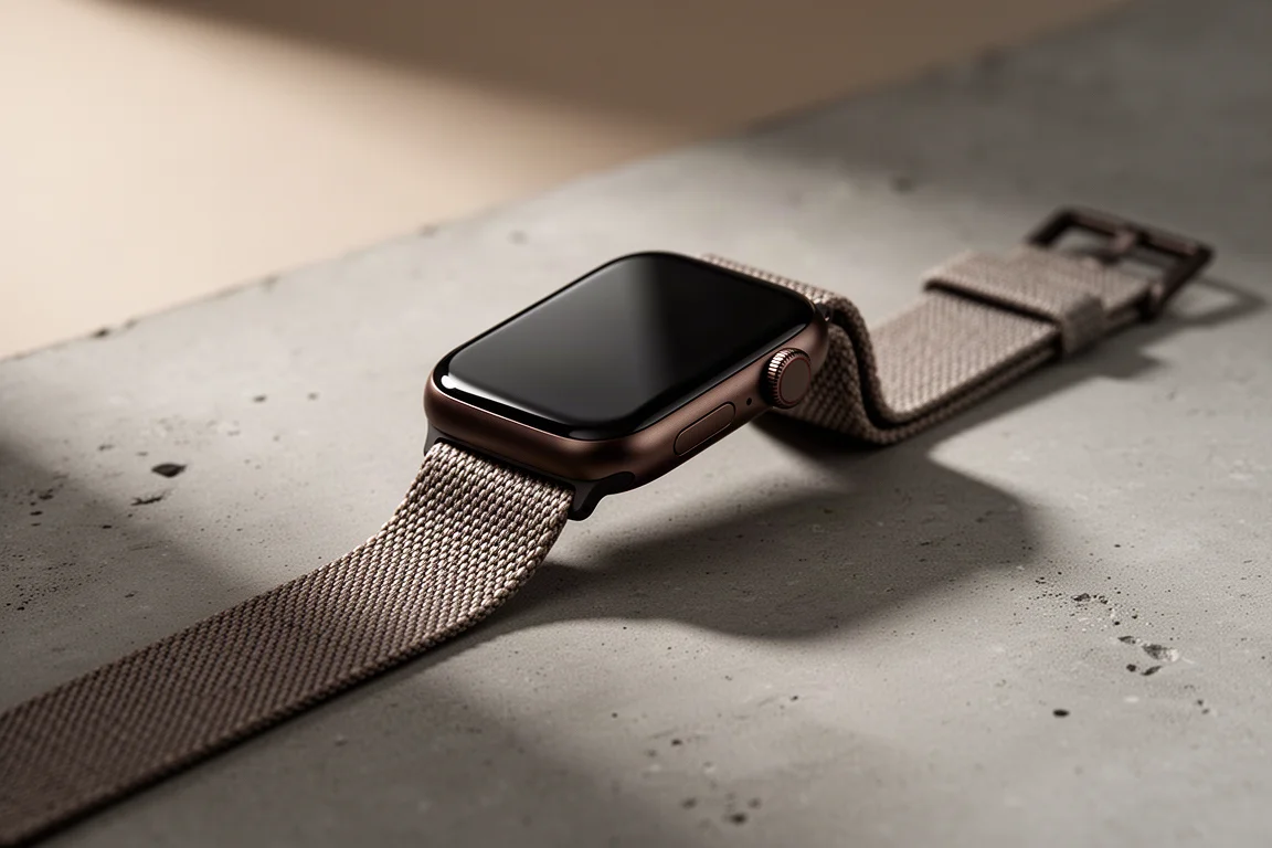 Apple Watch Series 12 con cassa bronze scuro e cinturino intrecciato su una superficie di cemento