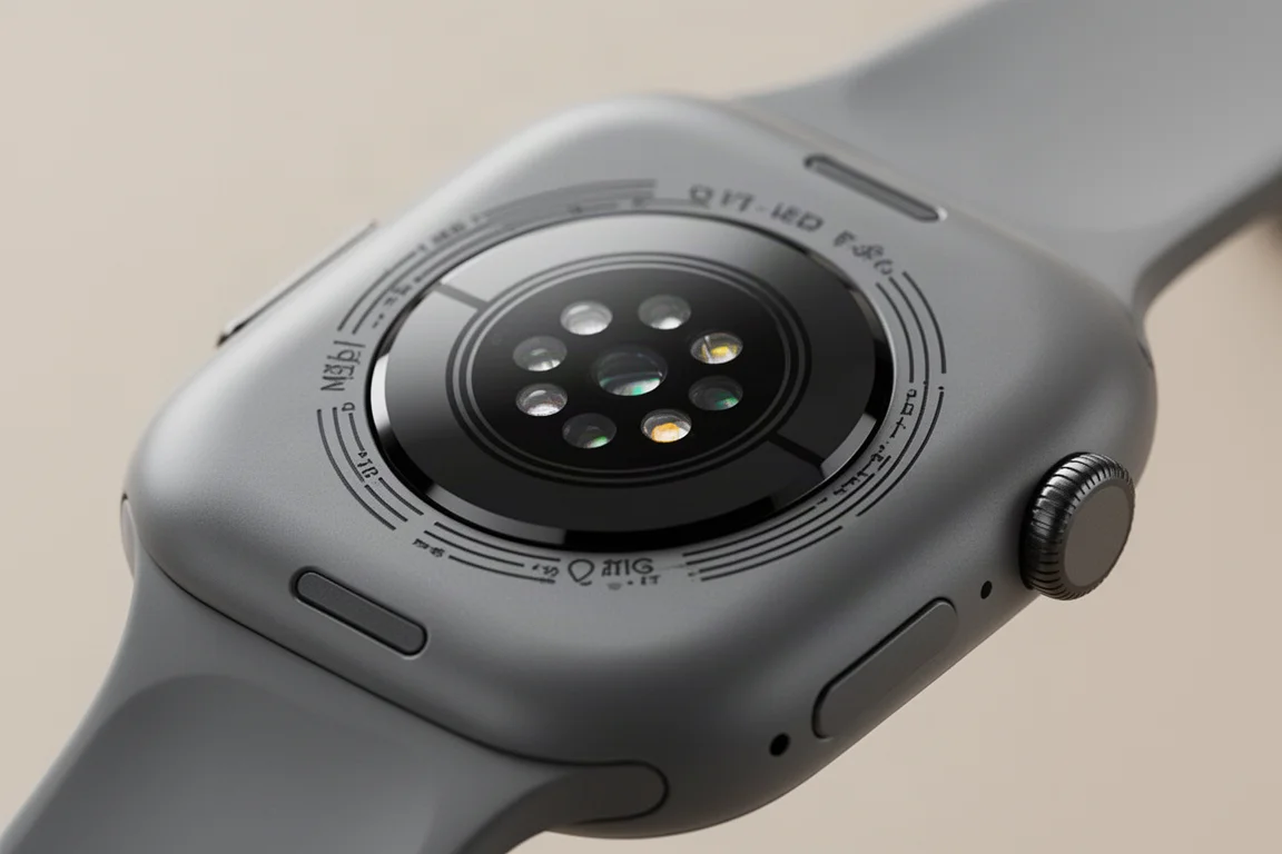 Primer plano de la parte trasera de un smartwatch mostrando el conjunto del sensor óptico de frecuencia cardíaca