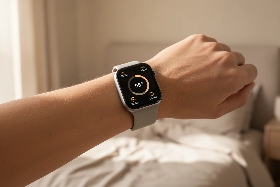 Persona consultando una puntuación de preparación matutina en un smartwatch en un dormitorio con luz suave