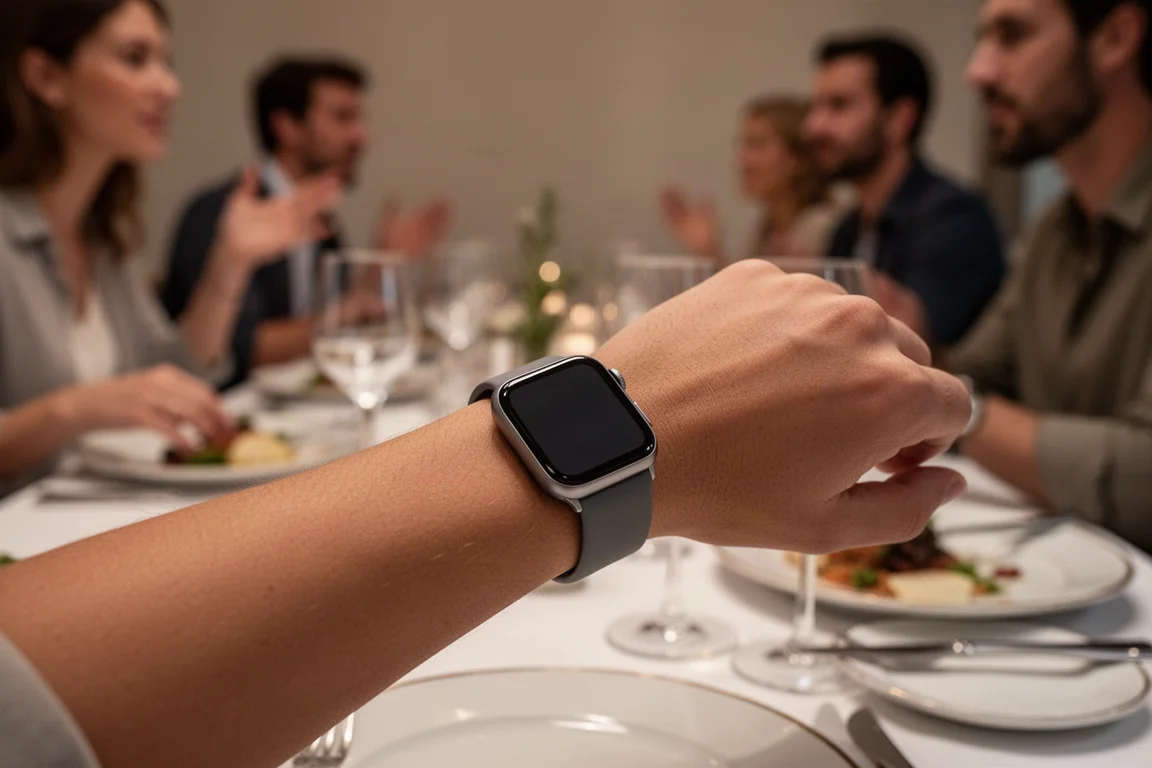 Smartwatch en una muñeca en un concurrido restaurante con gente conversando
