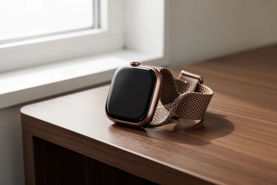 Smartwatch en acabado bronce oscuro apoyado sobre un escritorio junto a una ventana