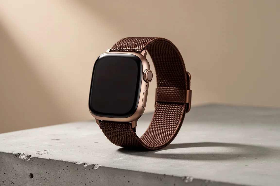 深銅色的 Apple Watch Series 12 風格智慧手錶放置於混凝土表面上