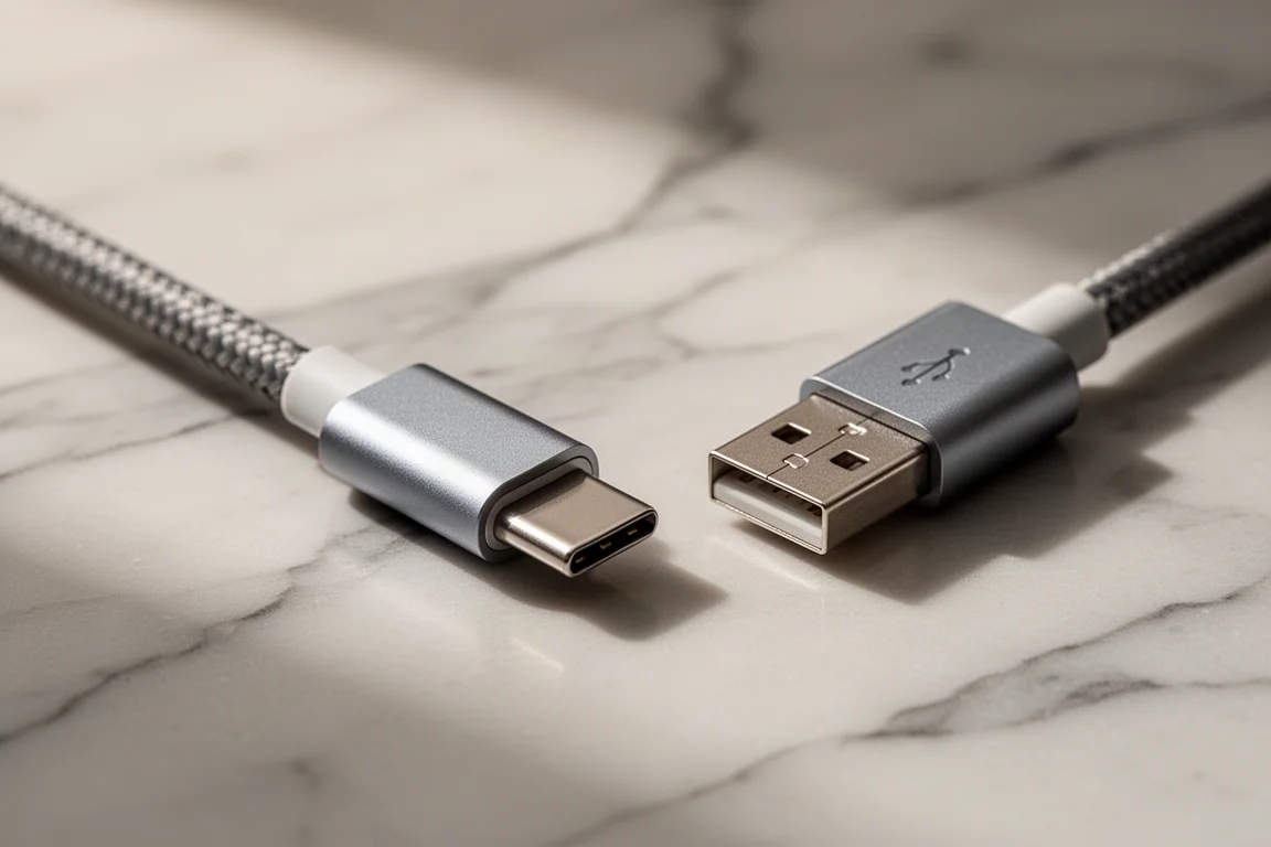 編織外層 USB-C 充電線接頭的特寫