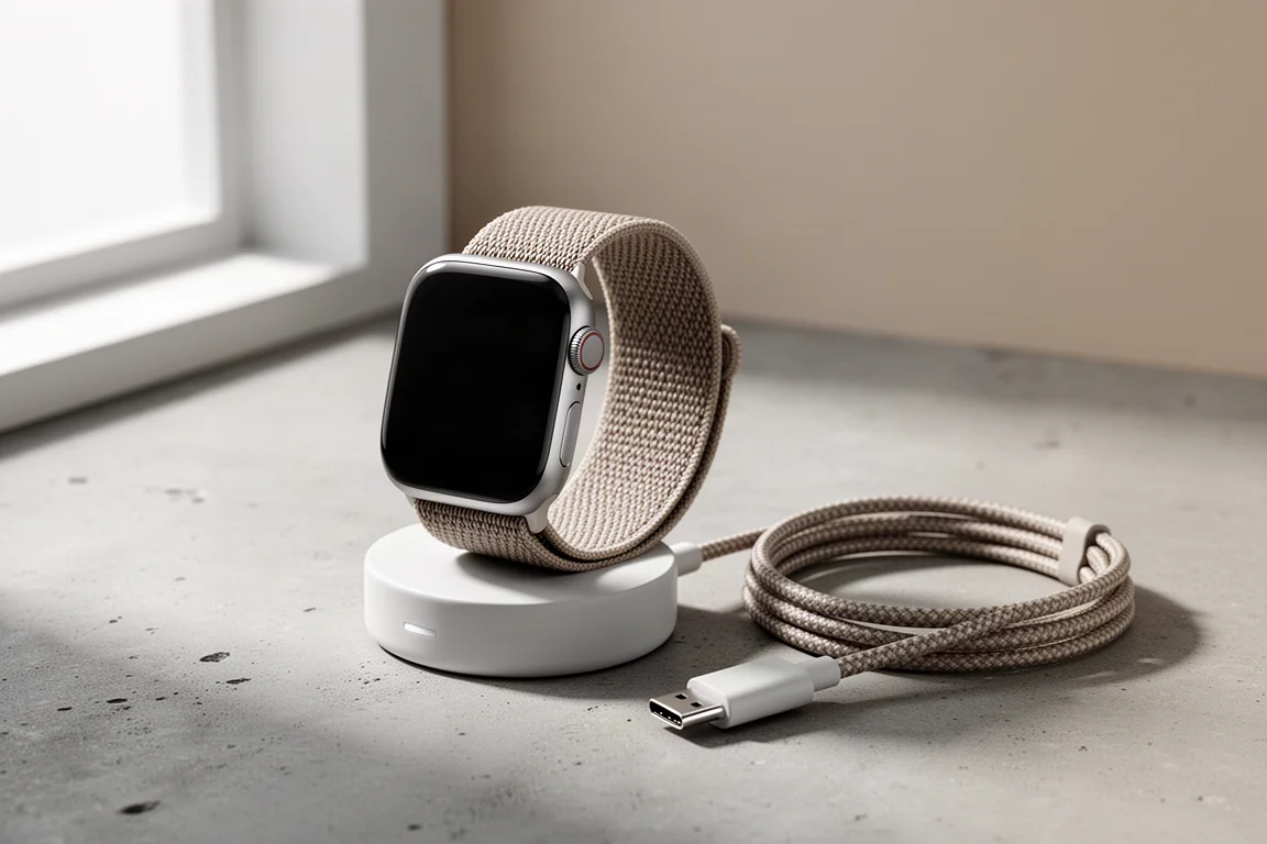 Apple Watch Series 7 smartwatch on a USB-C charging puck on concrete surface