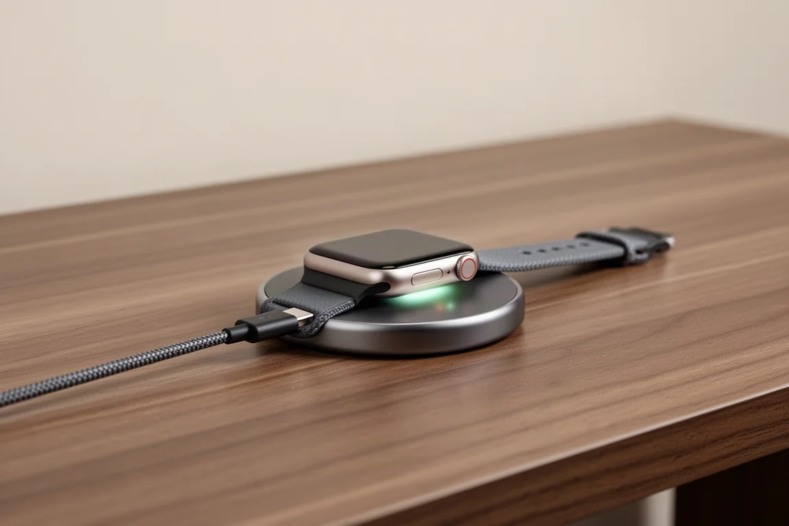 智能手錶正放在 USB-C 快速充電器上充電