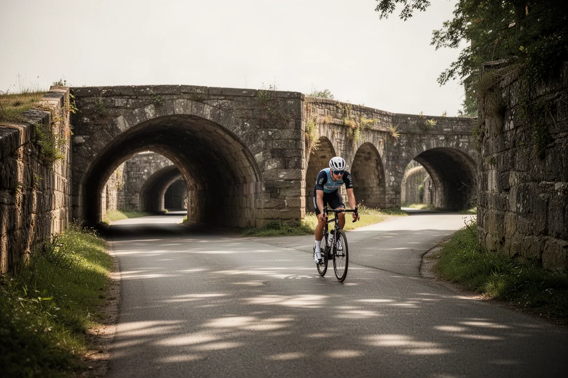 Cycliste roulant sur une route ouverte devant une série de ponts en pierre