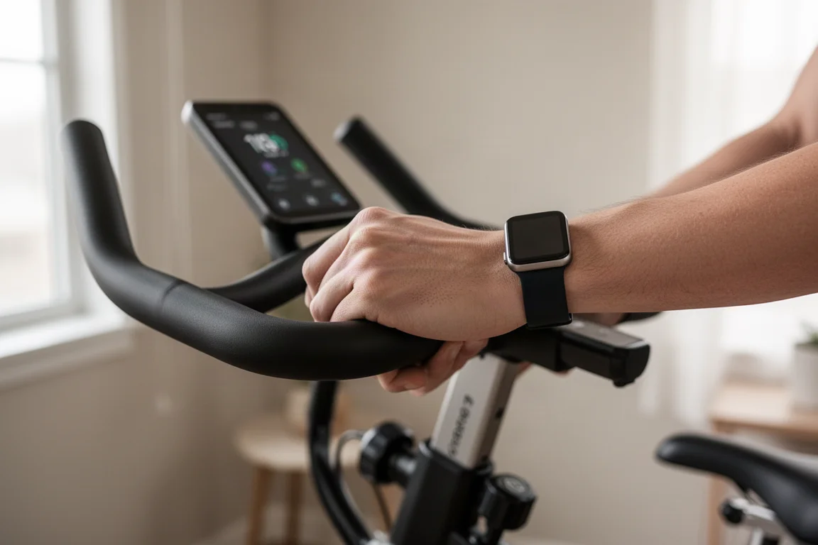Configuration de home trainer avec un vélo connecté et une montre appairée pendant une séance d'intervalles