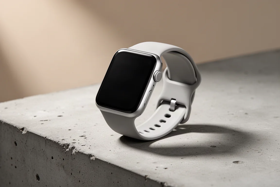 Modern smartwatch with a large display on a matte concrete surface