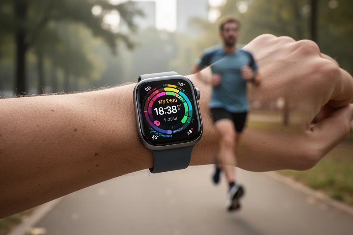 Un runner controlla lo schermo di uno smartwatch che mostra ritmo e distanza durante una corsa all'aperto