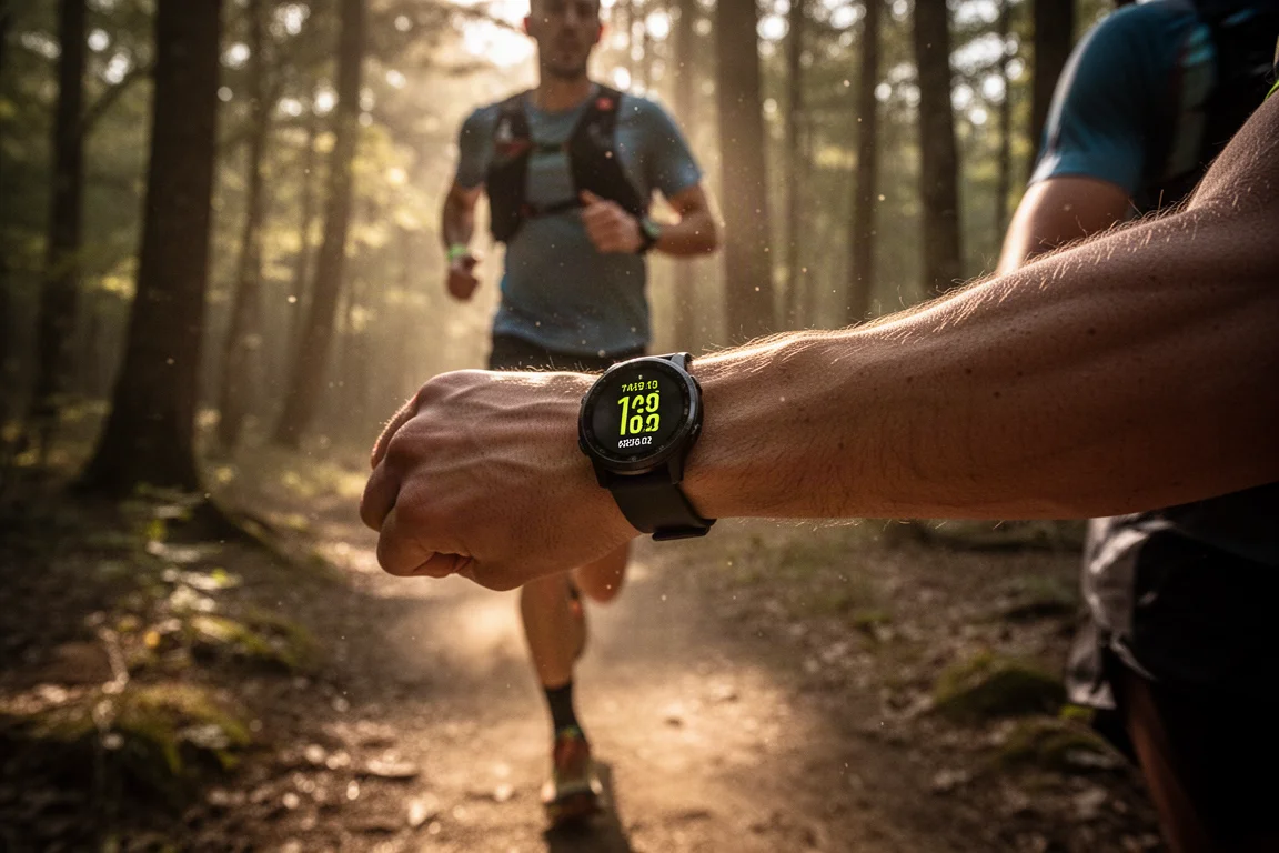 Un runner indossa uno smartwatch seguendo un percorso tracciato tra sentieri boschivi