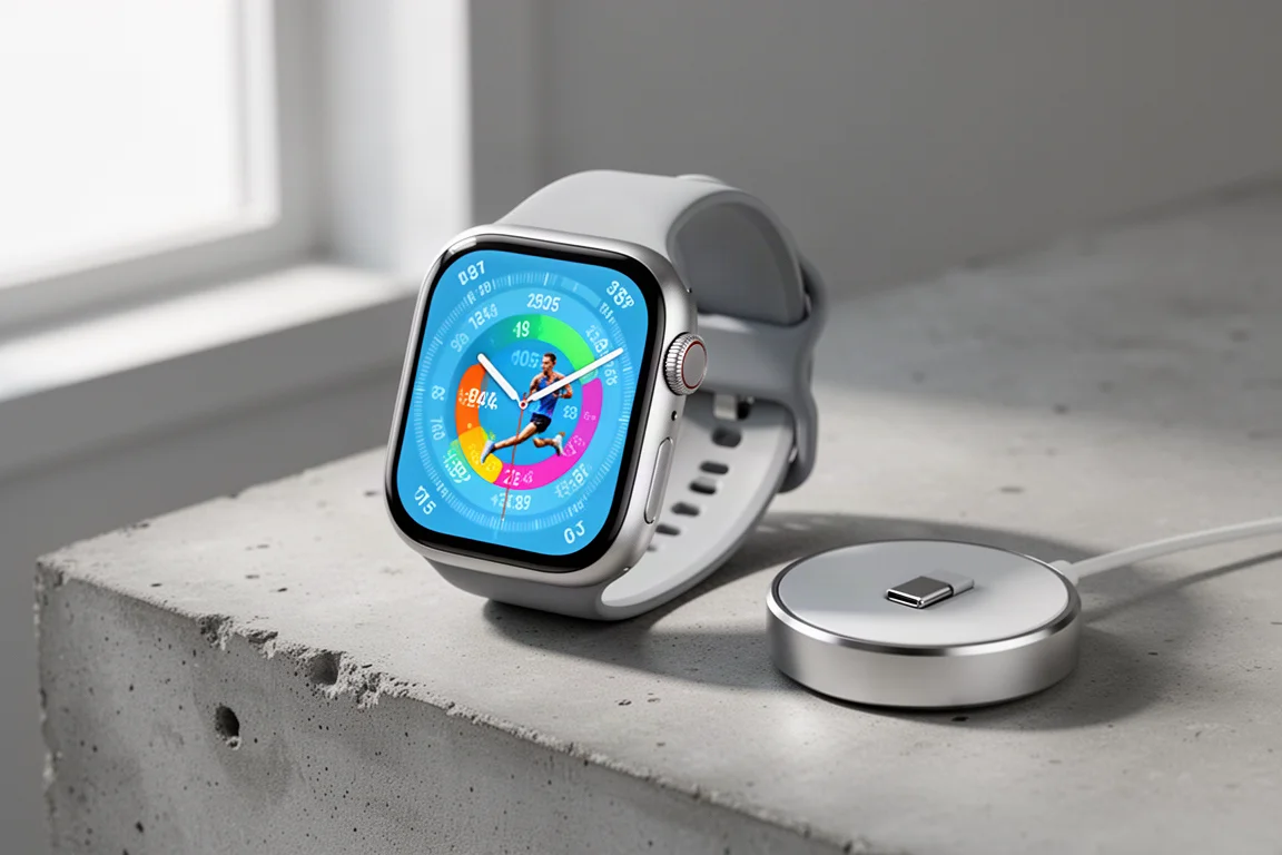 Apple Watch Series 7 smartwatch with running stats face next to a USB-C charging puck