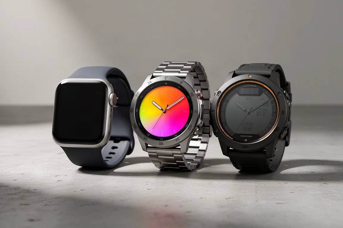 Three sports watches arranged in a row on a matte concrete surface