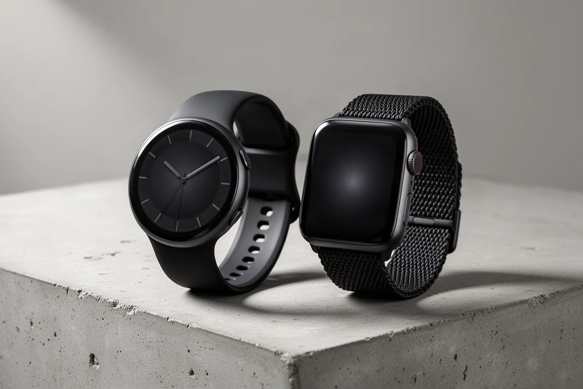 Apple Watch Series 7 and Garmin Venu 2 Plus smartwatches side by side on concrete