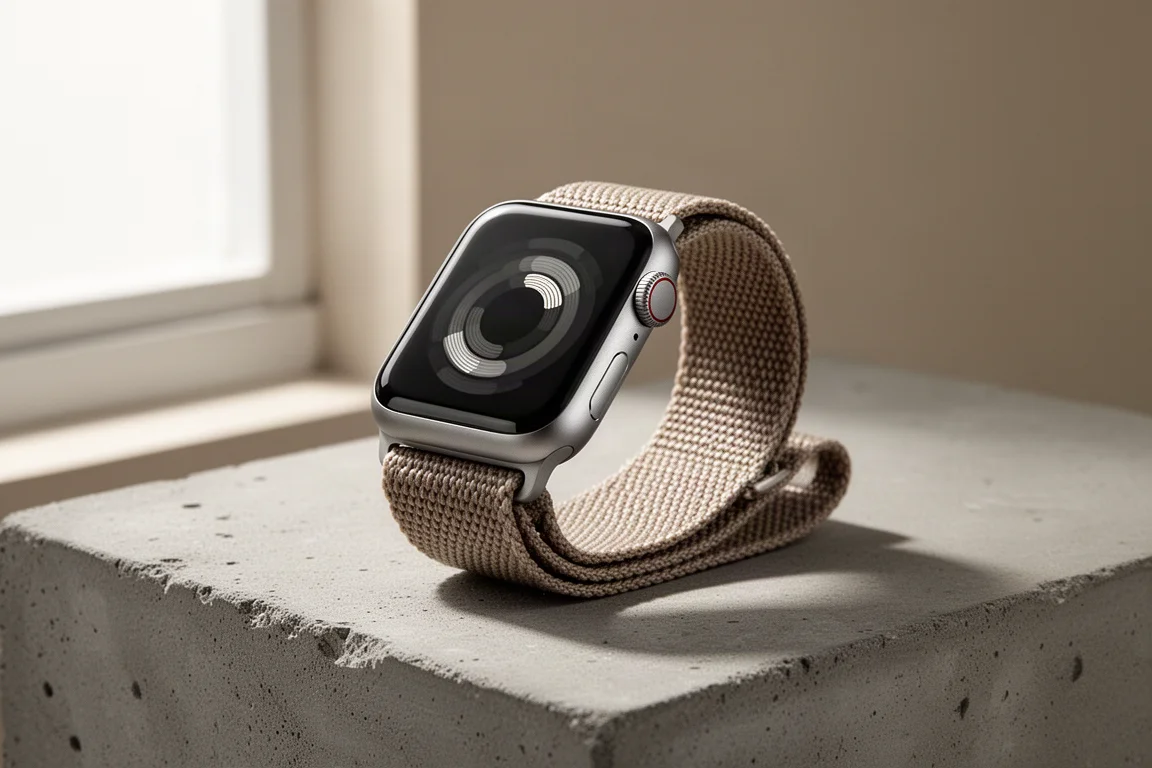 Apple Watch Series 8 smartwatch on a concrete surface with woven band