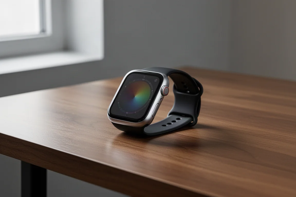 Apple Watch Series 9 style smartwatch with fabric strap worn on a wrist over a wooden desk