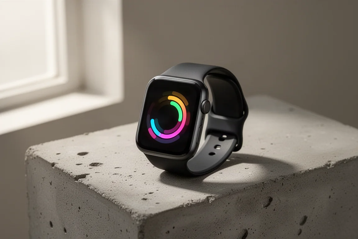 Modern smartwatch with fitness rings glowing on a concrete surface