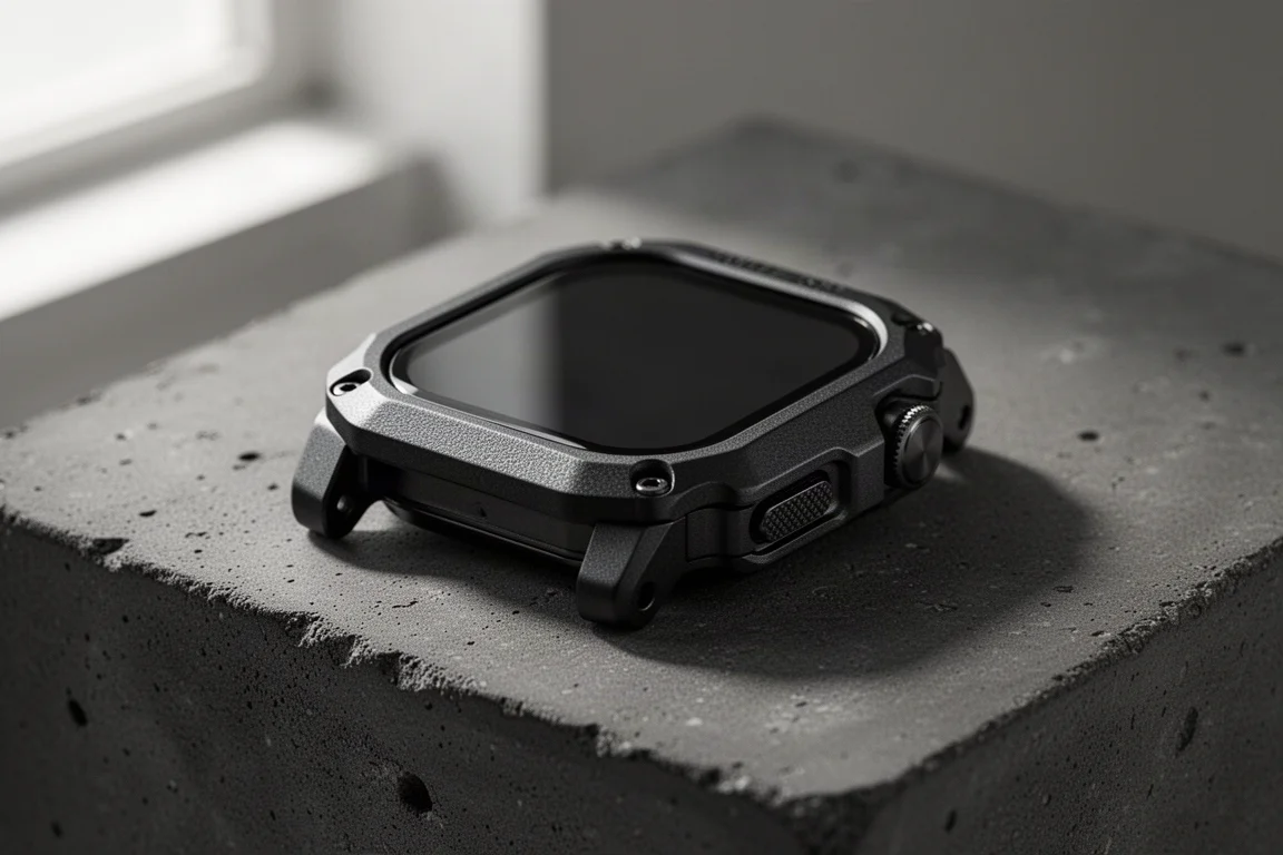 Cassa di smartwatch in titanio nero mostrata inclinata su una superficie di cemento scuro