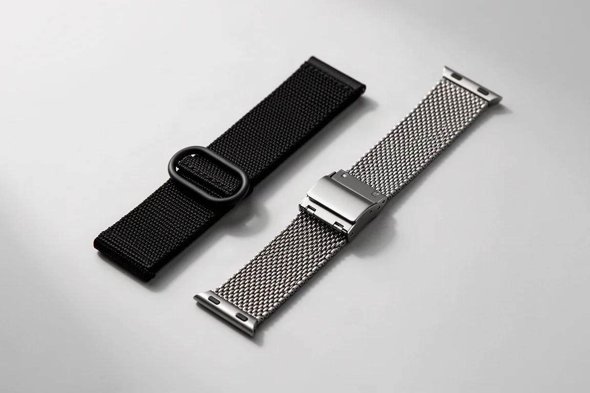 Cinturino in tessuto intrecciato appoggiato accanto a un bracciale a maglia in titanio